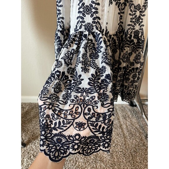 NEW ONE OF A KIND SAMPLE DESIGNER Embroidered Chiffon Navy/White Midi Dress - Picture 5 of 7